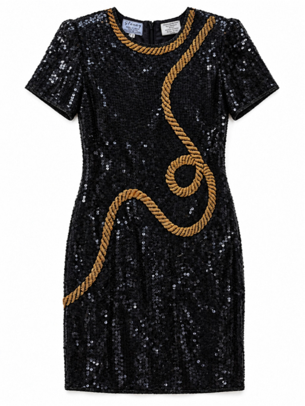 Vintage Stenay Black Gold Beaded Sequin Silk Cocktail Dress 8 Medium